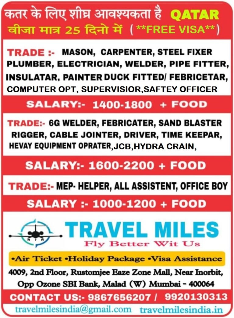 कतर के लिए शीघ्र आवश्यकता है FREE VISA Qatar मात्र 25 दिनो में