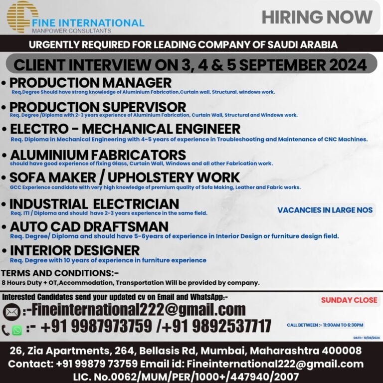 URGENTLY REQUIRED FOR LEADING COMPANY OF SAUDI ARABIACLIENT INTERVIEW ON 3, 4 & 5 SEPTEMBER 2024