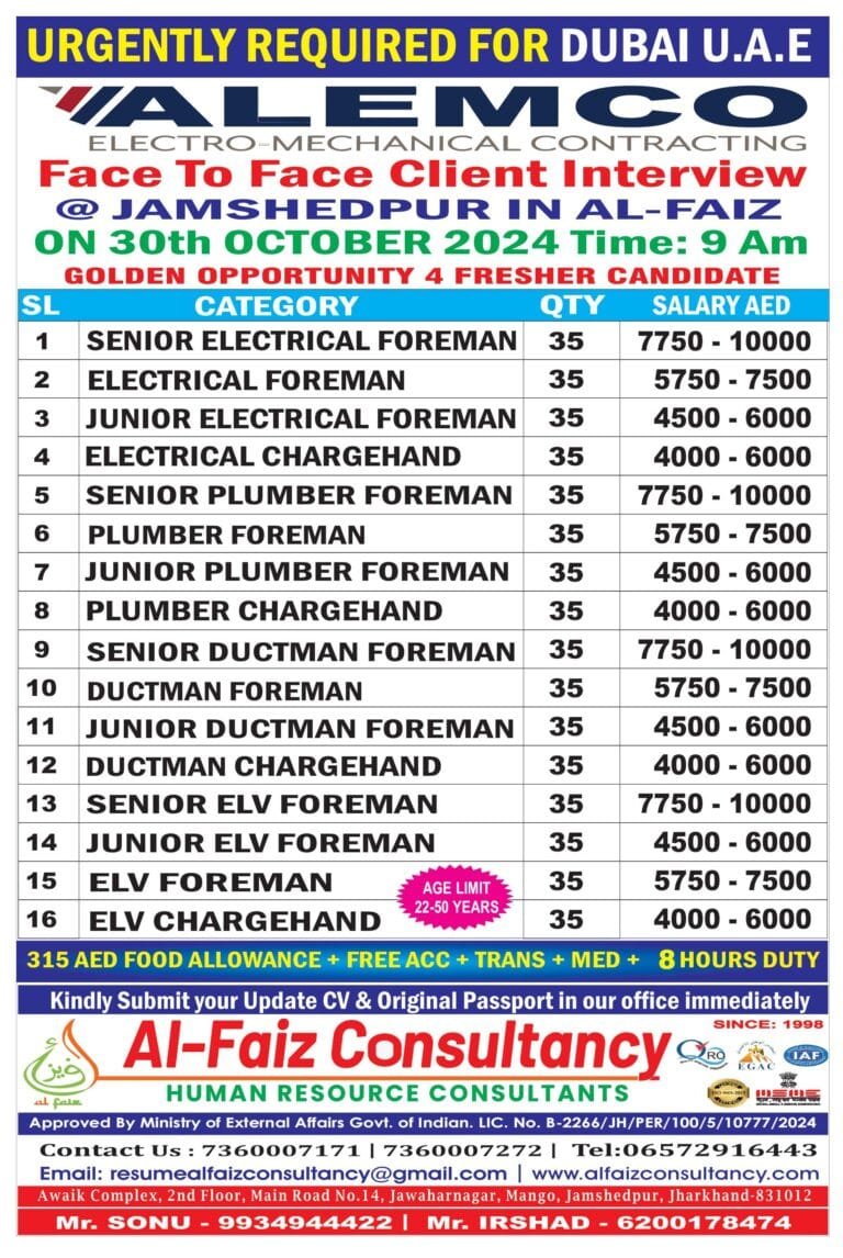Urgent Requirement for ABUDHABI M/S ALEMCO COMPANY – Client Interview At Jamshedpur on 30 OCTOBER 2024
