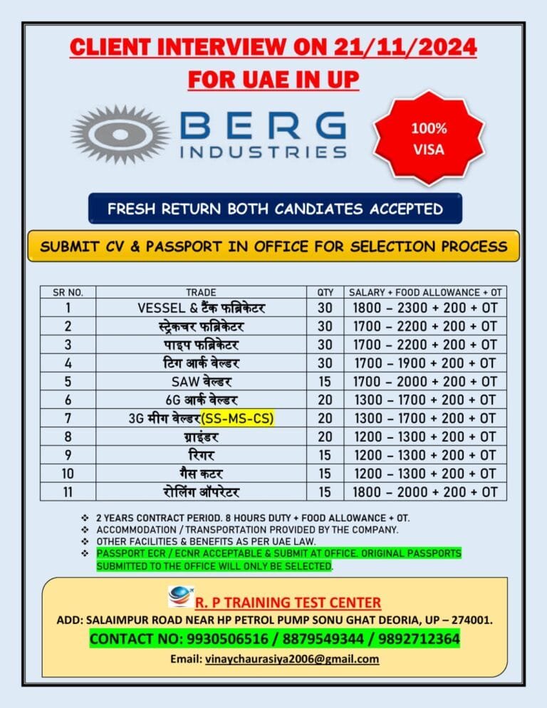 CLIENT INTERVIEW ON 21/11/2024 FOR UAE IN UP BERG INDUSTRIES 100% VISA