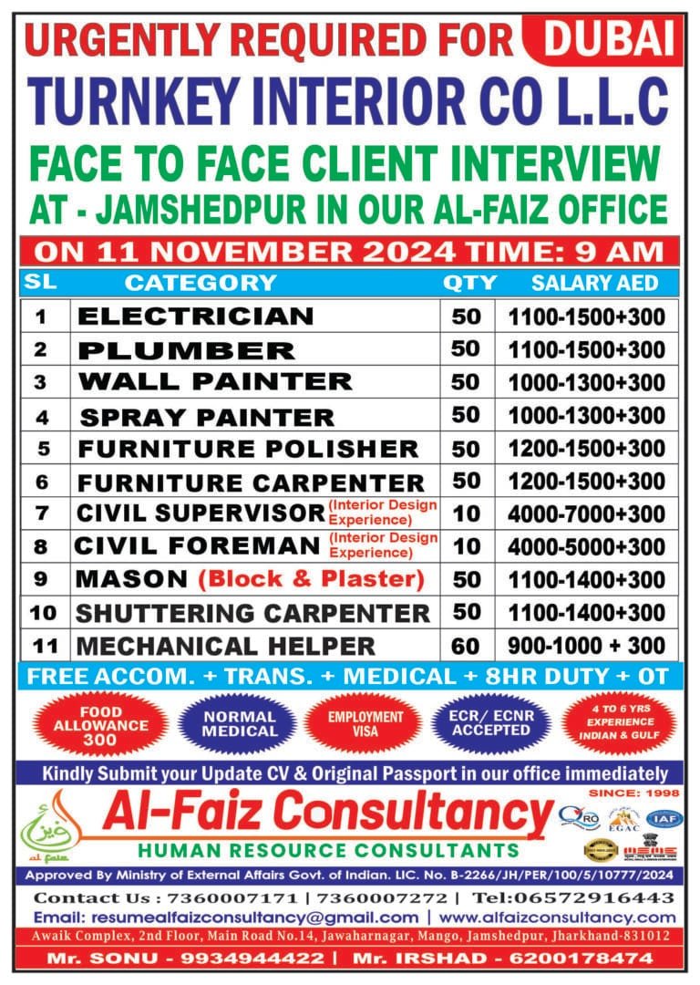 Urgent Requirement for DUBAI TURNKEY INTERIOR COMPANY – Client Interview At Jamshedpur on 11 NOVEMBER 2024