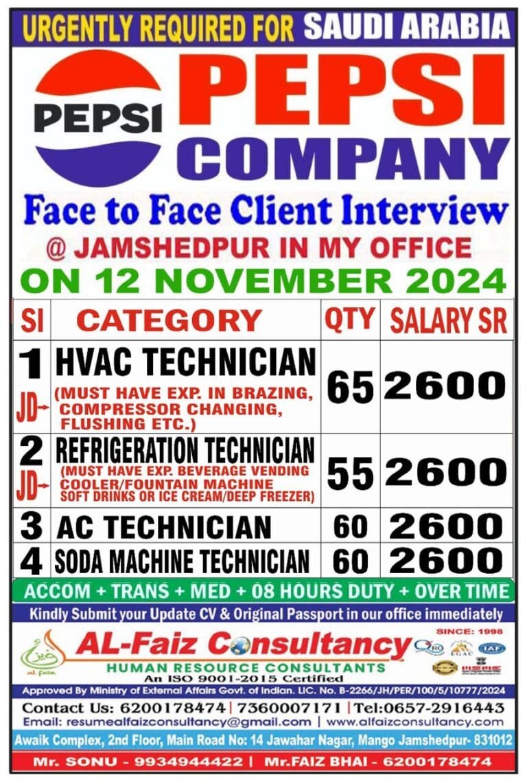 Urgent Requirement for SAUDI ARABIA PEPSI Company – Client Interview At Jamshedpur on 10th July 2024