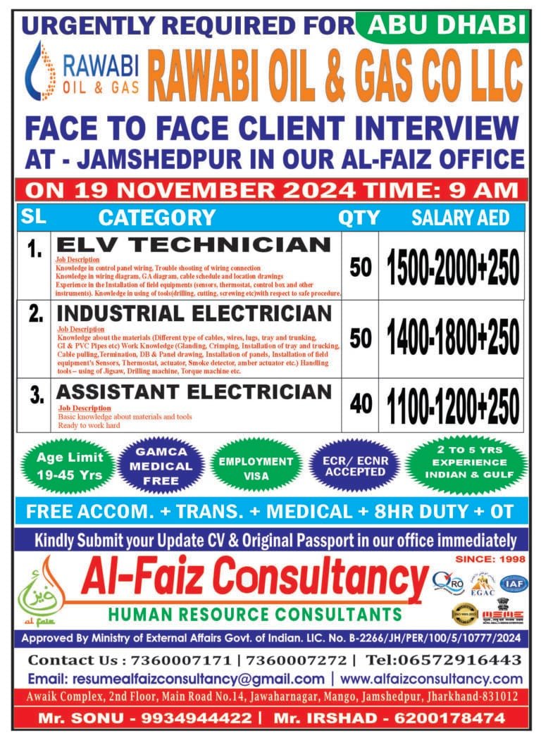 Urgent Requirement for ABU DHABI RAWABI OIL & GAS COMPANY – Client Interview At Jamshedpur on 19 NOVEMBER 2024