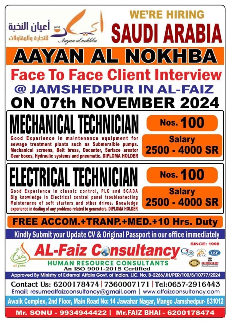 Urgent Requirement for SAUDI ARABIA AAYAN AL NOKHBA COMPANY – Client Interview At Jamshedpur on 7 NOVEMBER 2024