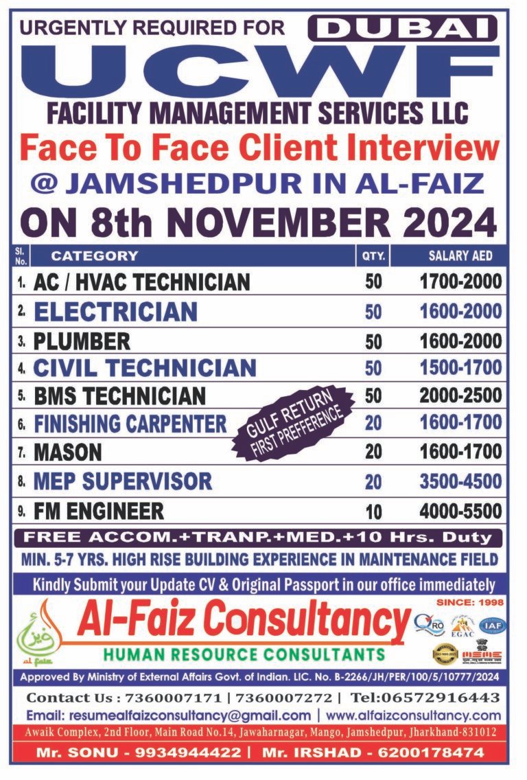 Urgent Requirement for DUBAI UCWF (FMS) COMPANY – Client Interview At Jamshedpur on 8 NOVEMBER 2024