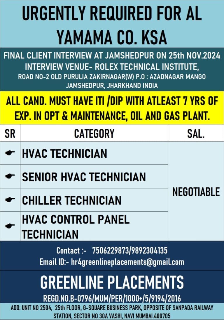 URGENTLY REQUIRED FOR AL YAMAMA COMPANY KSA