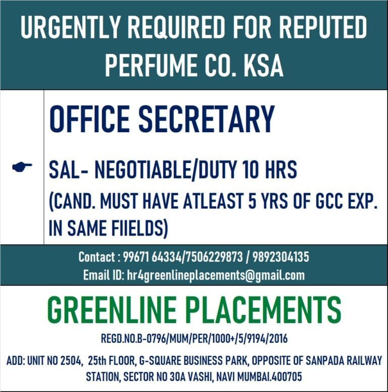 URGENTLY REQUIRED FOR REPUTED PURFUME COMPANY KSA