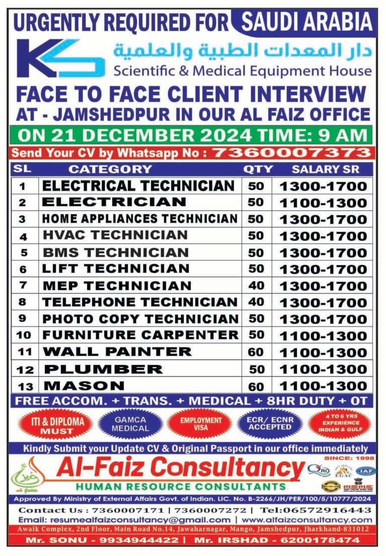 Urgent Requirement for SAUDI ARABIA SCIENTIFIC & MEDICAL EQUIPMENT HOUSE Company – Client Interview At Jamshedpur on 21st DECEMBER 2024