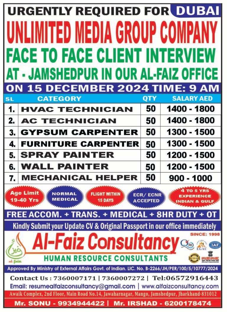 Urgent Requirement for DUBAI UNLIMITED MEDIA GROUP COMPANY – Client Interview At Jamshedpur on 15 DECEMBER 2024