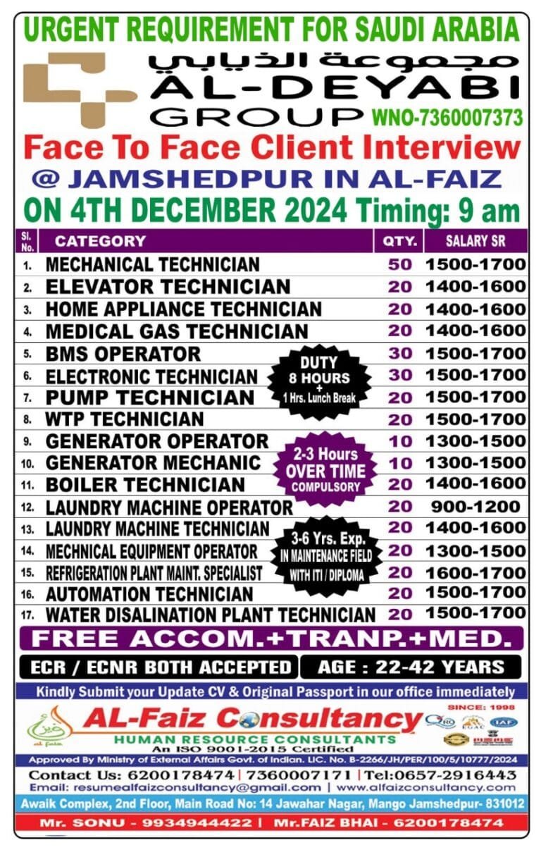 Urgent Requirement for SAUDI ARABIA AL DEYABI GROUP OF COMPANY – Client Interview At Jamshedpur on 4 DECEMBER 2024