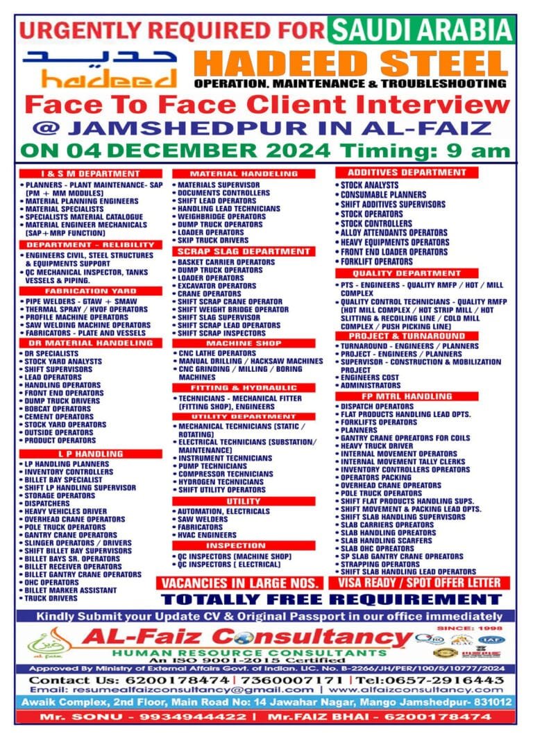 Urgent Requirement for SAUDI ARABIA HADEED STEEL COMPANY – Client Interview At Jamshedpur on 4 DECEMBER 2024