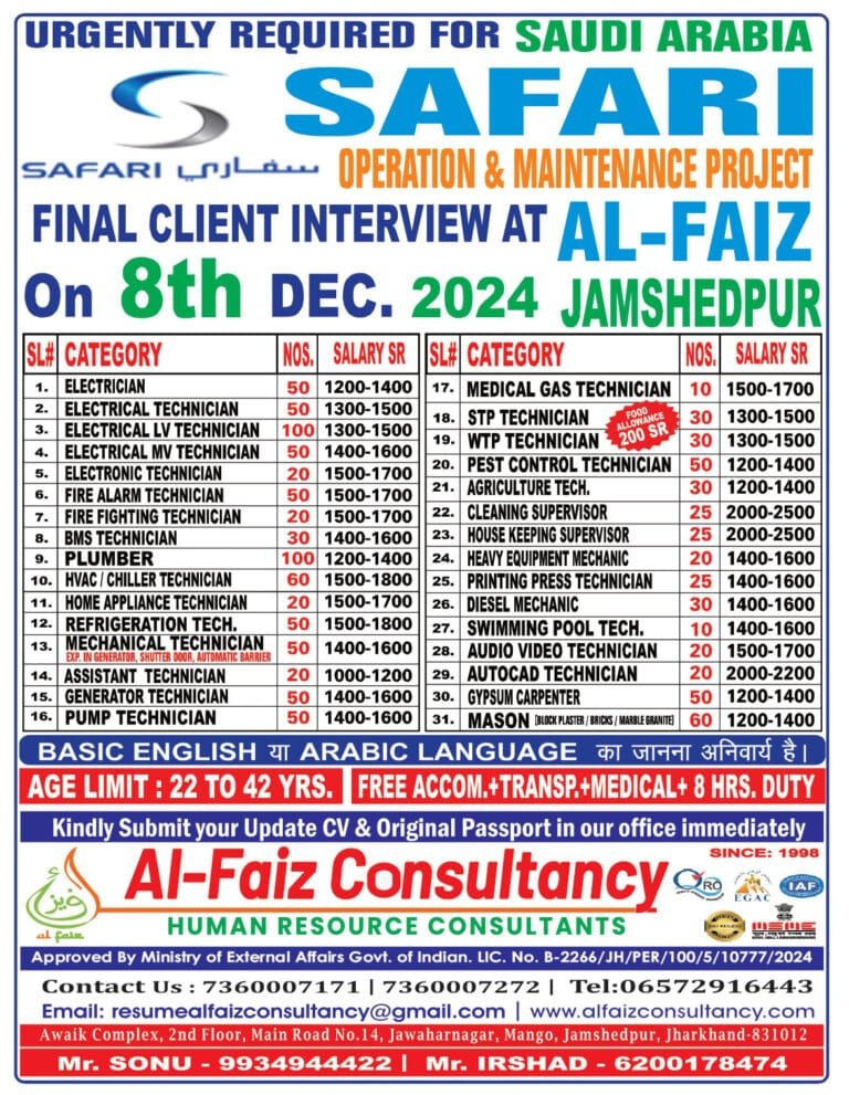 Urgent Requirement for SAUDI ARABIA SAFARI COMPANY – Client Interview At Jamshedpur on 8 DECEMBER 2024