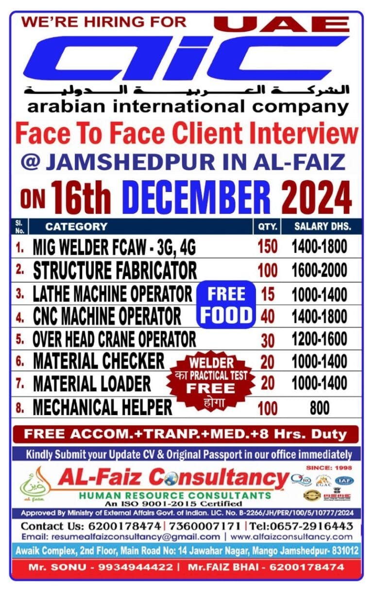 Urgent Requirement for DUBAI ARABIAN INTERNATIONAL COMPANY – Client Interview At Jamshedpur on 16 DECEMBER 2024