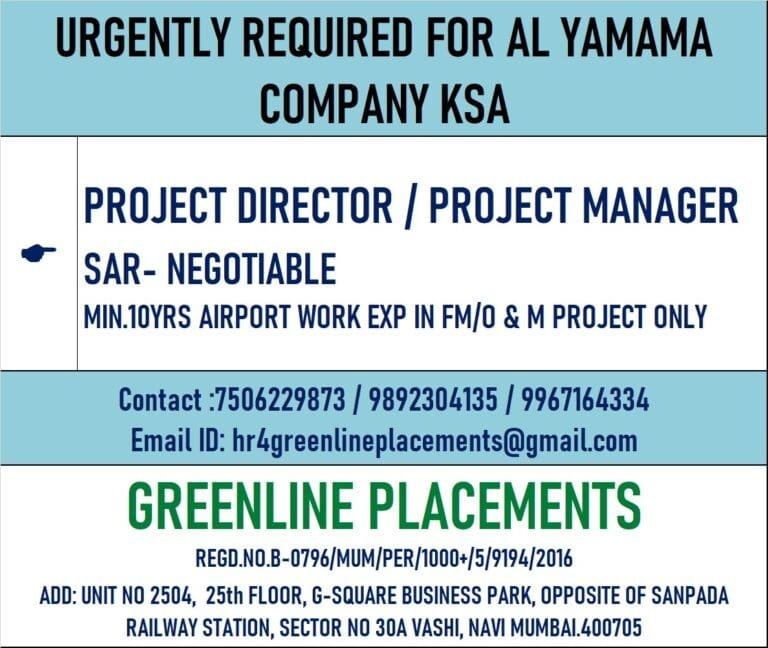 URGENTLY REQUIRED FOR AL YAMAMA COMPANY KSA