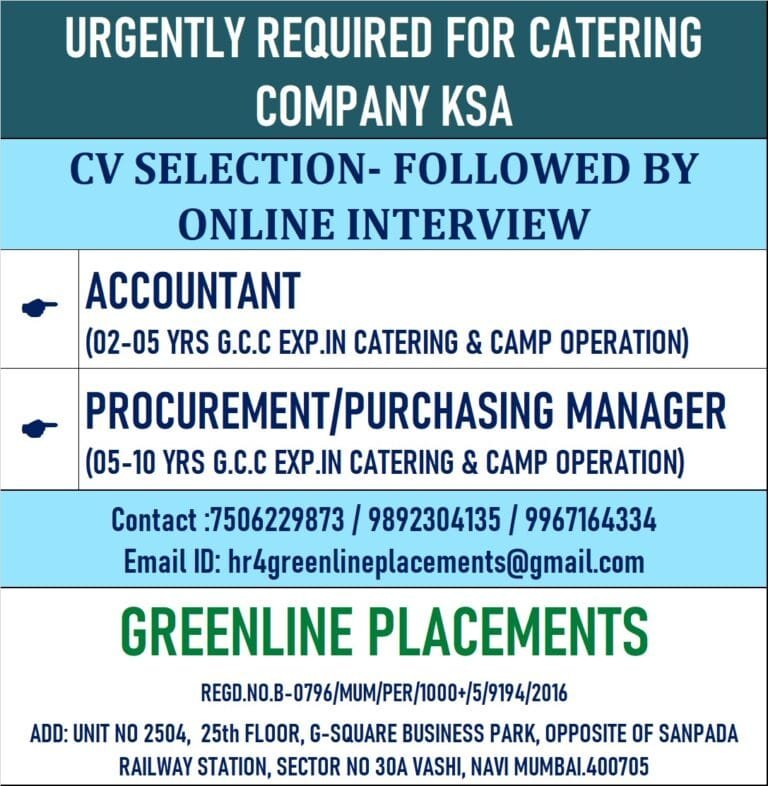 URGENTLY REQUIRED FOR CATERING COMPANY KSA