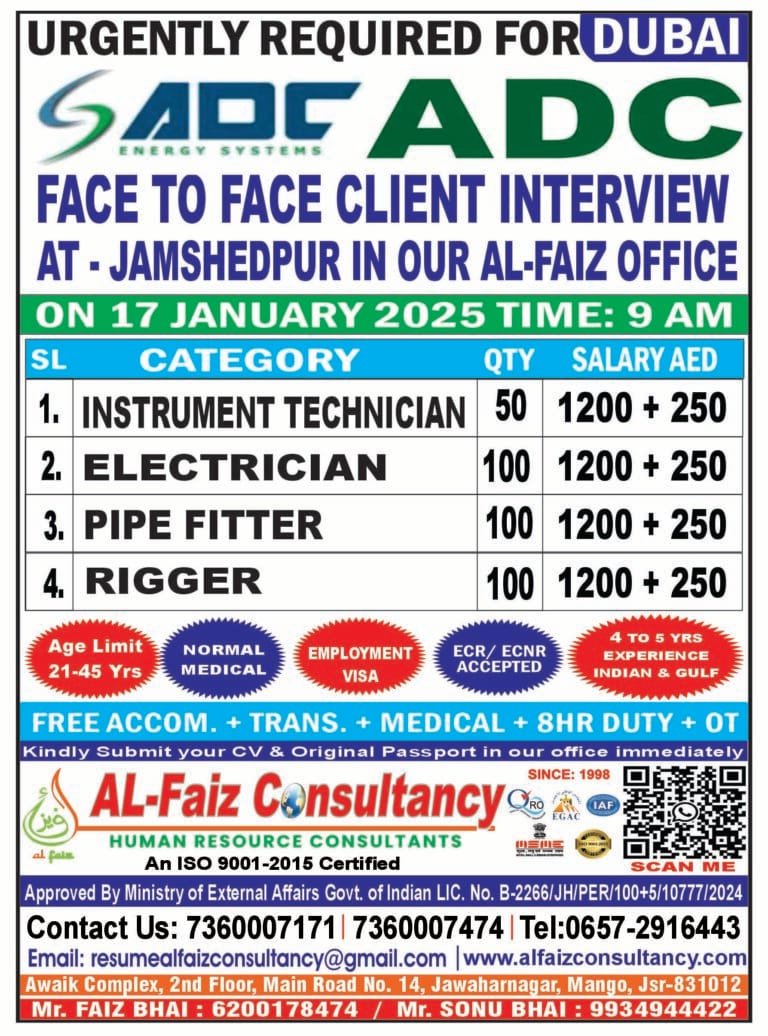 Urgent Requirement for DUBAI M/S ADC COMPANY LLC – Client Interview At Jamshedpur on 17 JANUARY 2025