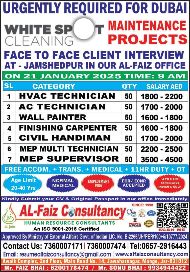 Urgent Requirement for DUBAI M/S WHITESPOT COMPANY LLC – Client Interview At Jamshedpur on 21 JANUARY 2025