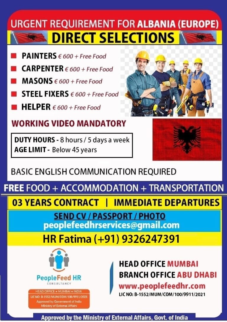 URGENT REQUIREMENT FOR TRADE WORKERS / SKILLED WORKERS ::-:: EMPLOYMENT VISA ::-:: ALBANIA (EUROPE)