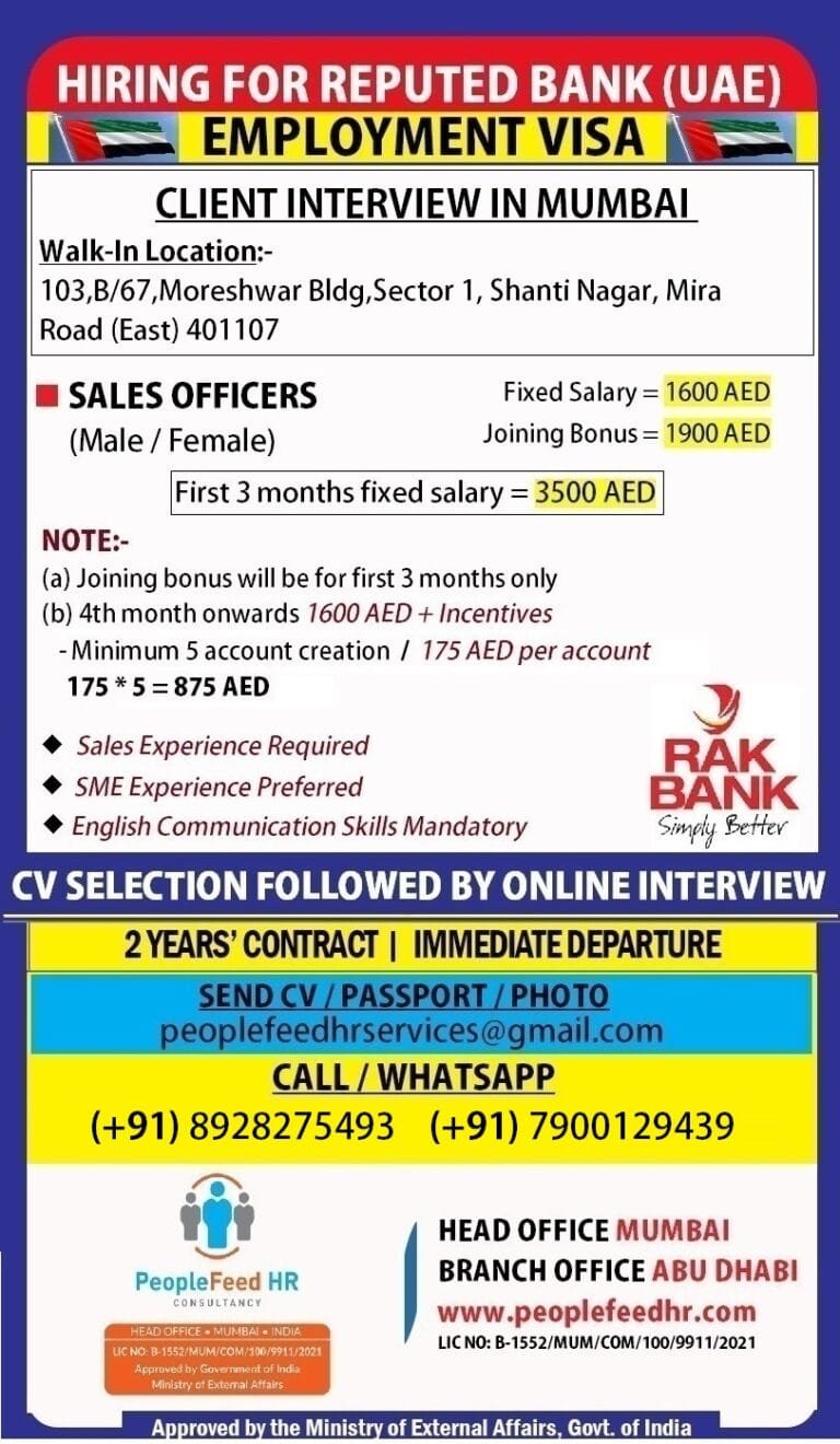 WALKIN INTERVIEW ::-:: GROWTH OFFICERS / SALES OFFICERS ::-:: EMPLOYMENT VISA ::-:: UAE