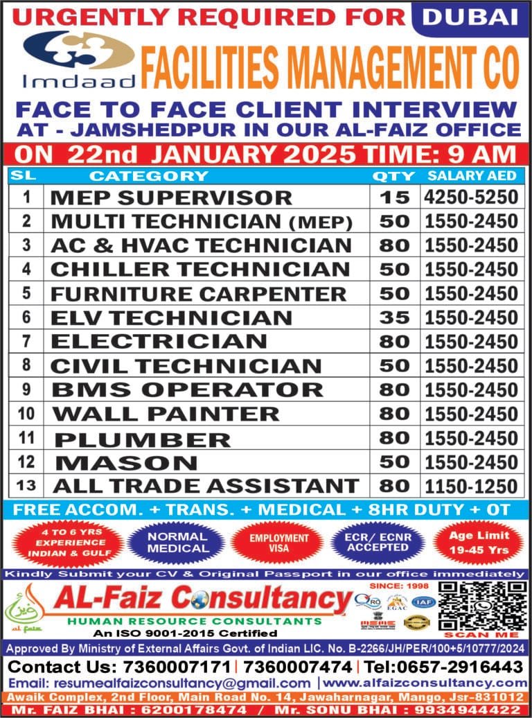 Urgent Requirement for DUBAI IMDAADA COMPANY LLC – Client Interview At Jamshedpur on 22 JANUARY 2025