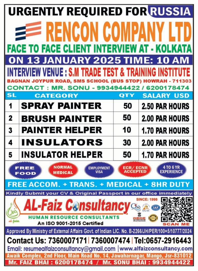 Urgent Requirement for DUBAI M/S RENCO COMPANY LTD – Client Interview At KOLKATA on 13 JANUARY 2025