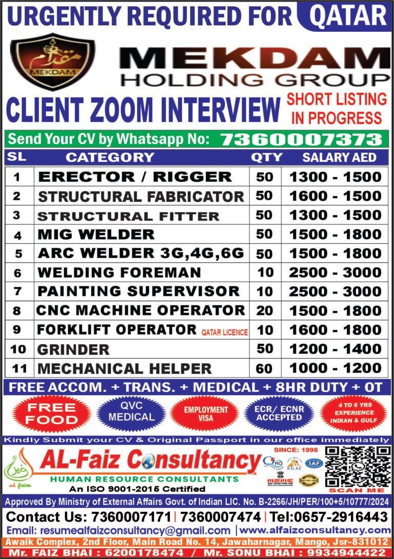 Urgent Requirement for QATAR M/S MEKDAM HOLDING GROUP COMPANY – ONLINE Client Interview At Jamshedpur AFTER CV SELECTION