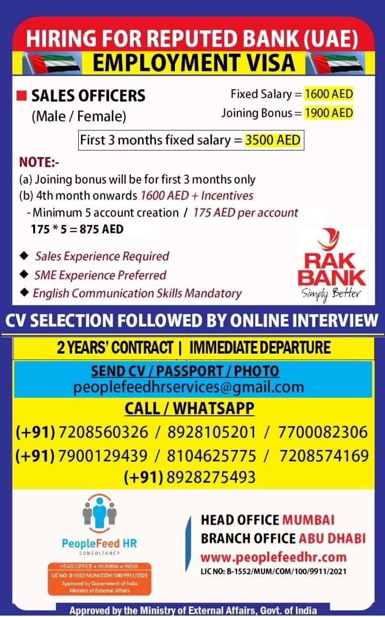 URGENT HIRING GROWTH / SALES OFFICERS ::-:: RAK BANK ::-:: EMPLOYMENT VISA ::-:: UAE