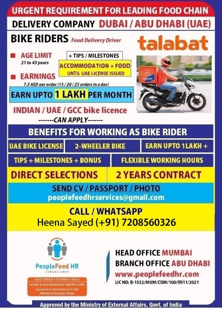 HIRING FOR TALABAT ::-:: BIKE RIDERS ::-:: DUBAI / ABU DHABI ( UAE ) ::-:: IMMEDIATE DEPARTURES