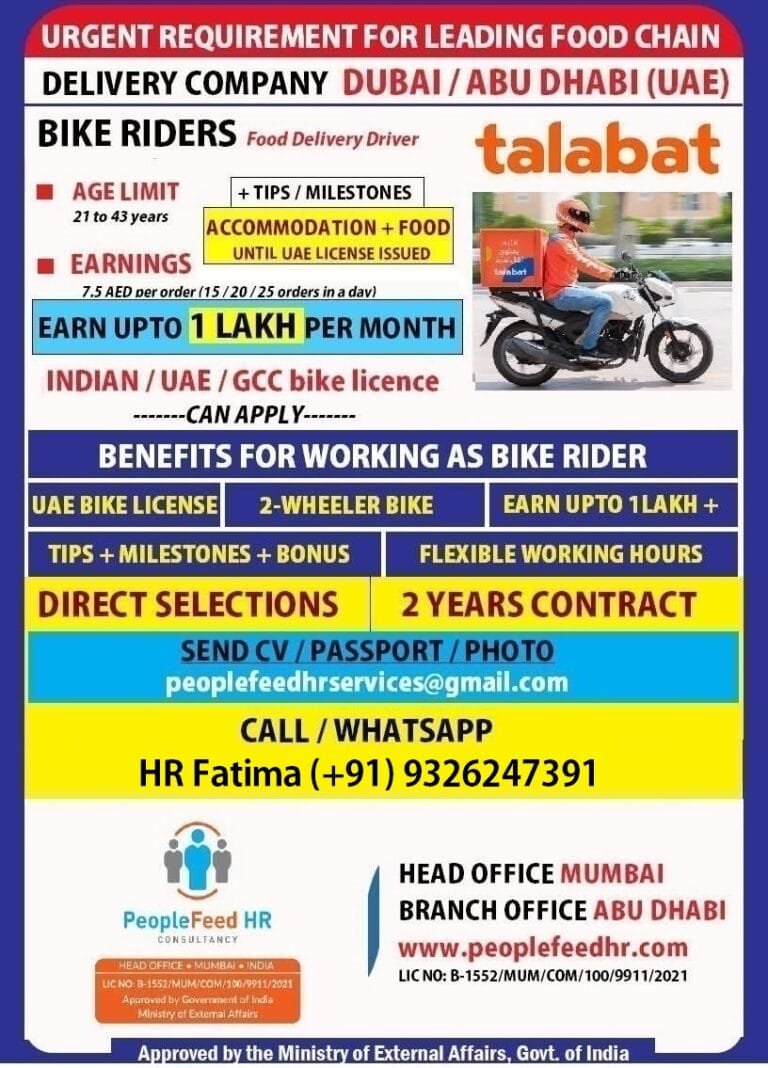 HIRING FOR TALABAT ::-:: BIKE RIDERS ::-:: DUBAI / ABU DHABI ( UAE ) ::-:: IMMEDIATE DEPARTURES