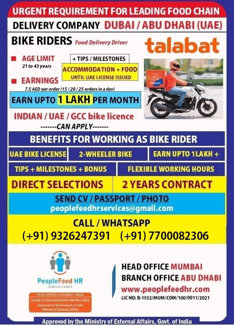 URGENT REQUIREMENT FOR UAE ::-:: TALABAT ::-:: BIKE DELIVERY DRIVERS