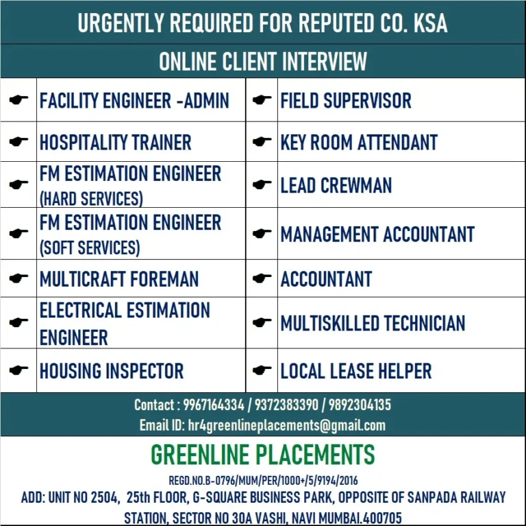 URGENTLY REQUIRED FOR REPUTED COMPANY KSA