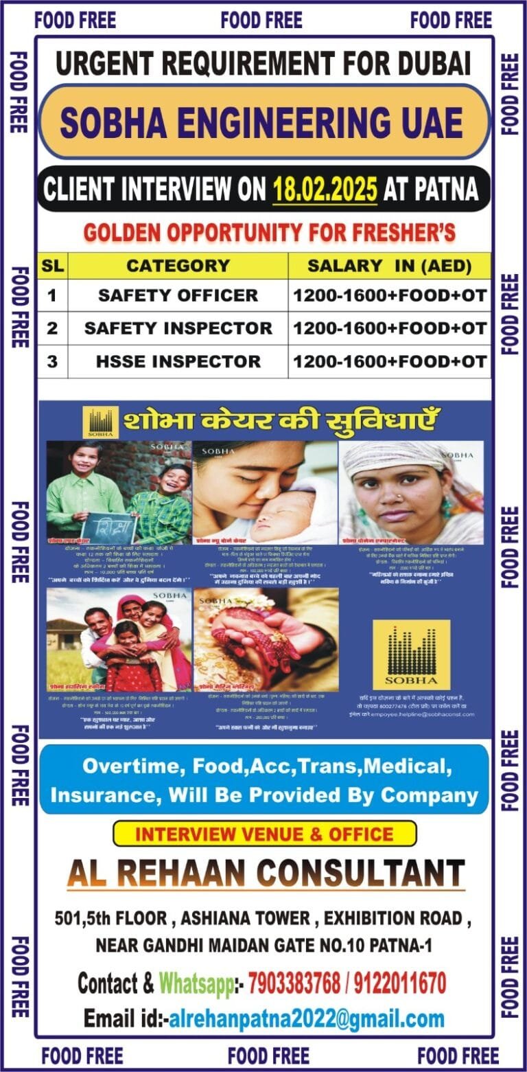 Urgent Requirement for DUBAI SOBHA ENGINEERING COMPANY – Client Interview At PATNA ON 18TH FEB 2025