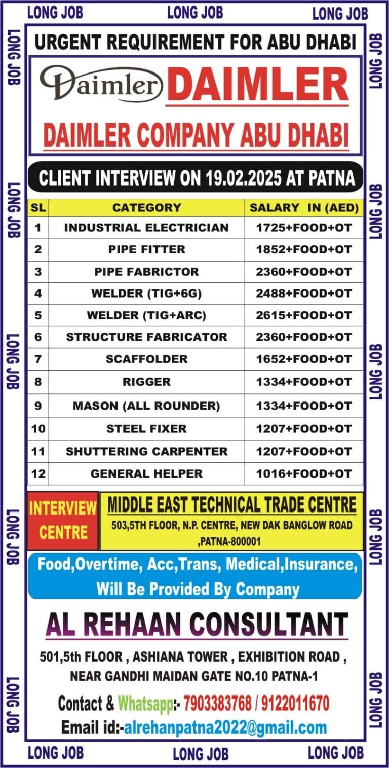 Urgent Requirement for DAIMLER COMPANY DUBAI COMPANY – Client Interview At PATNA ON 19TH FEB 2025