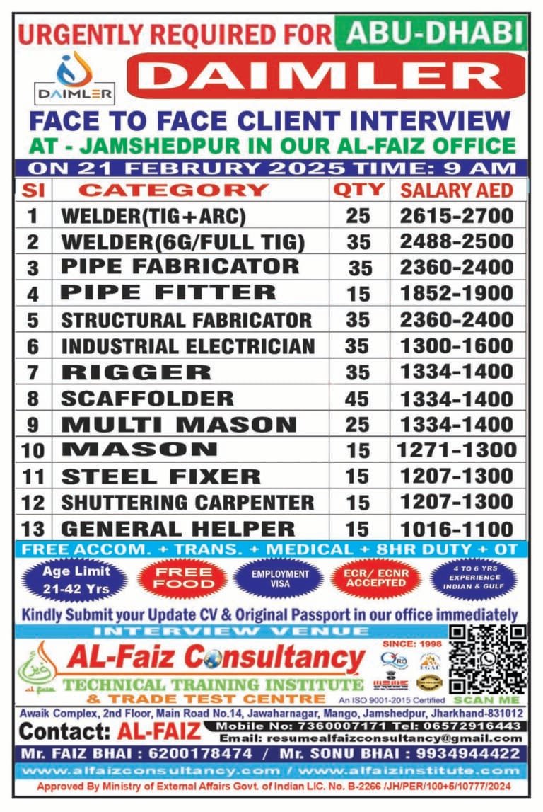Urgent Requirement for ABUDHABI DAIMLER COMPANY – Client Interview At Jamshedpur on 21th FEBRUARY 2025