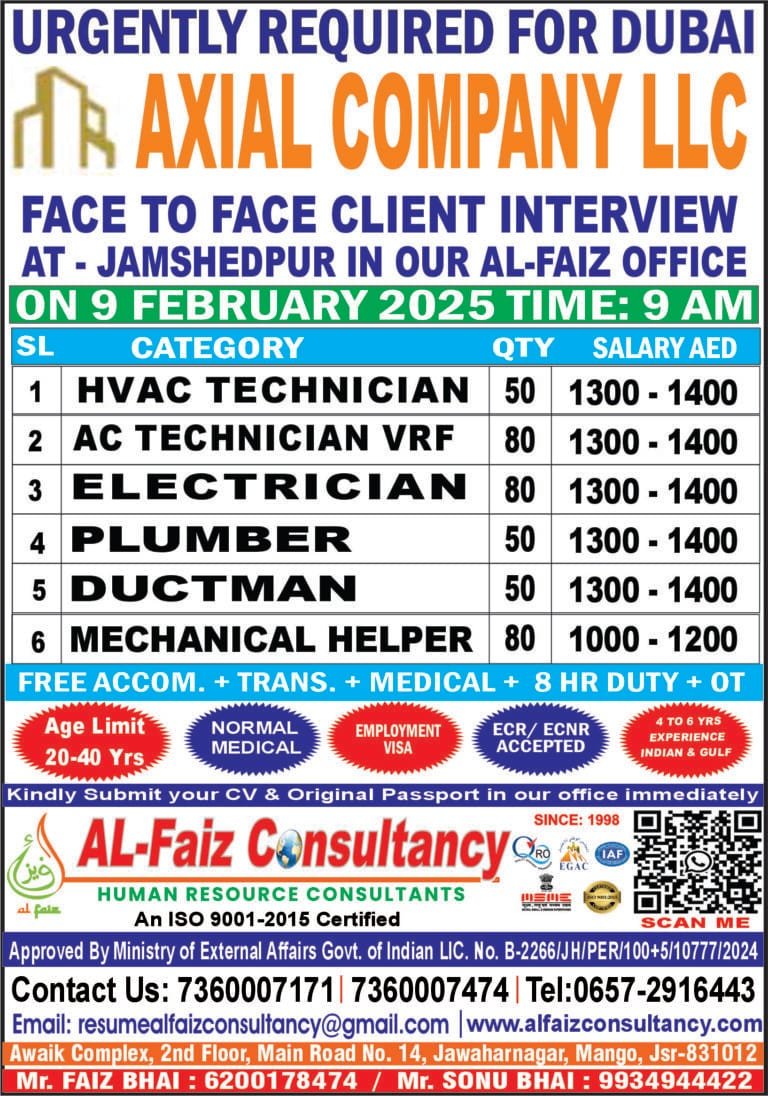 Urgent Requirement for DUBAI AXIAL COMPANY – Client Interview At Jamshedpur on 9th FEBRUARY 2025