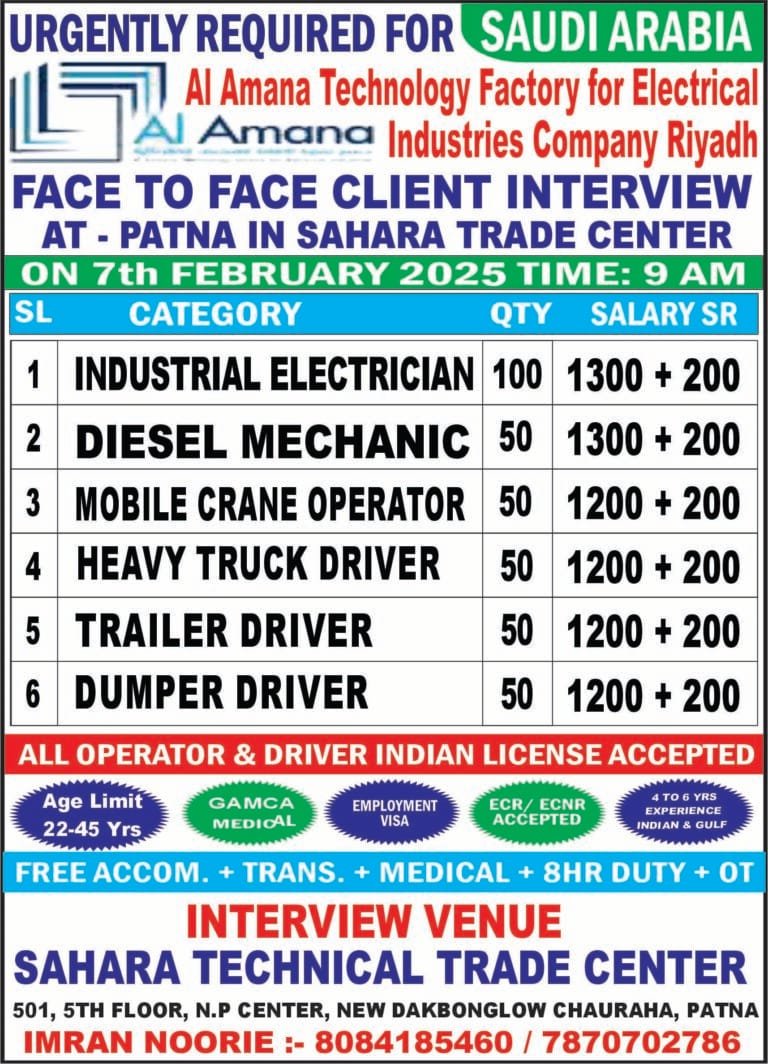 Urgent Requirement for SAUDI ARABIA AL-AMANA COMPANY – Client Interview At Jamshedpur on 7th FEBRUARY 2025