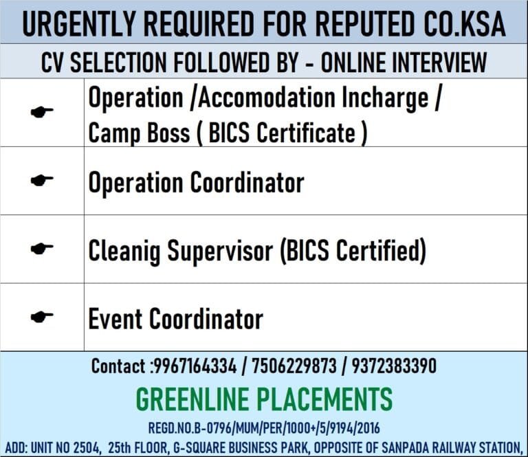 URGENTLY REQUIRED FOR REPUTED COMPANY KSA