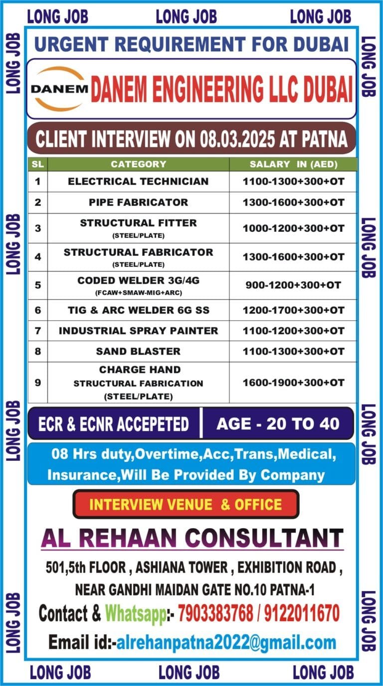 Urgent Requirement for DANEM ENGINEERING DUBAI COMPANY – Client Interview At patna on 11 MARCH 2025