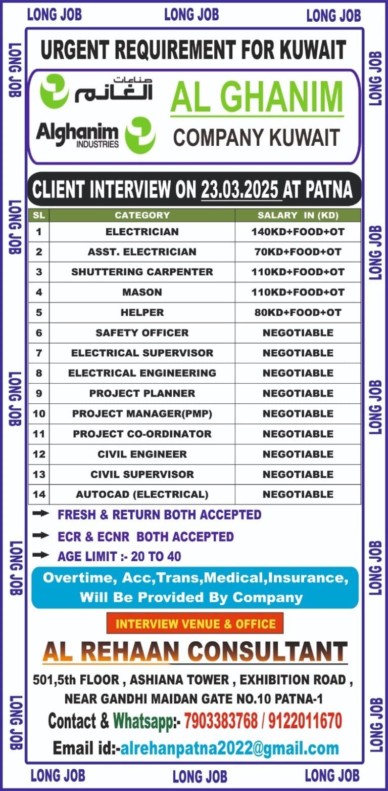 Urgent Requirement for KUWAIT AL GHANIM – Client Interview At PATNA on 23th MARCH 2025