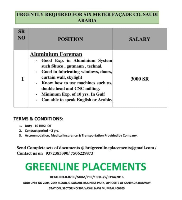 URGENTLY REQUIRED FOR SIX METER FACADE COMPANY KSA