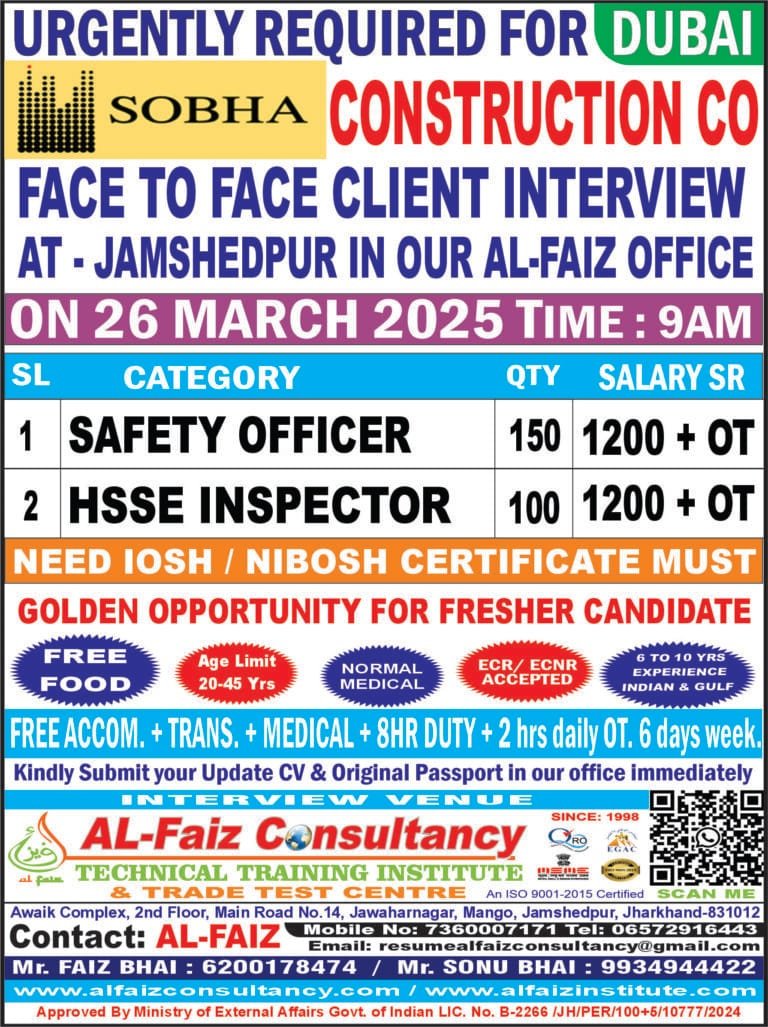 Urgent Requirement for DUBAI SOBHA COMPANY – Client Interview At Jamshedpur on 26th MARCH 2025