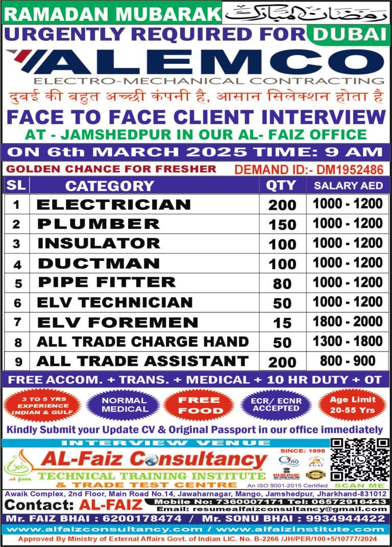Urgent Requirement for DUBAI ALEMCO COMPANY – Client Interview At Jamshedpur on 6th MARCH 2025