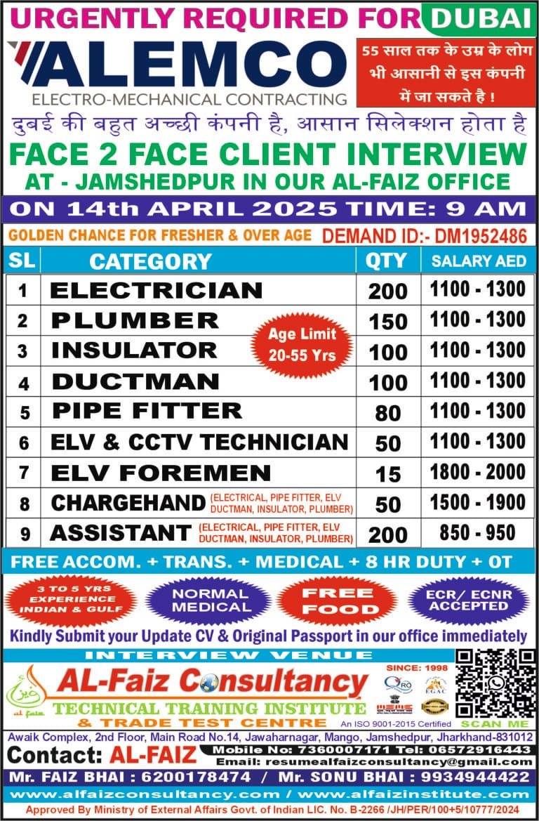 Urgent Requirement for DUBAI ALEMCO COMPANY – Client Interview At Jamshedpur on 14th APRIL 2025