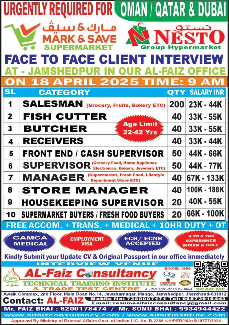 Urgent Requirement for DUBAI / QATAR / OMAN NESTO HYPERMARKET COMPANY – Client Interview At Jamshedpur on 18th APRIL 2025