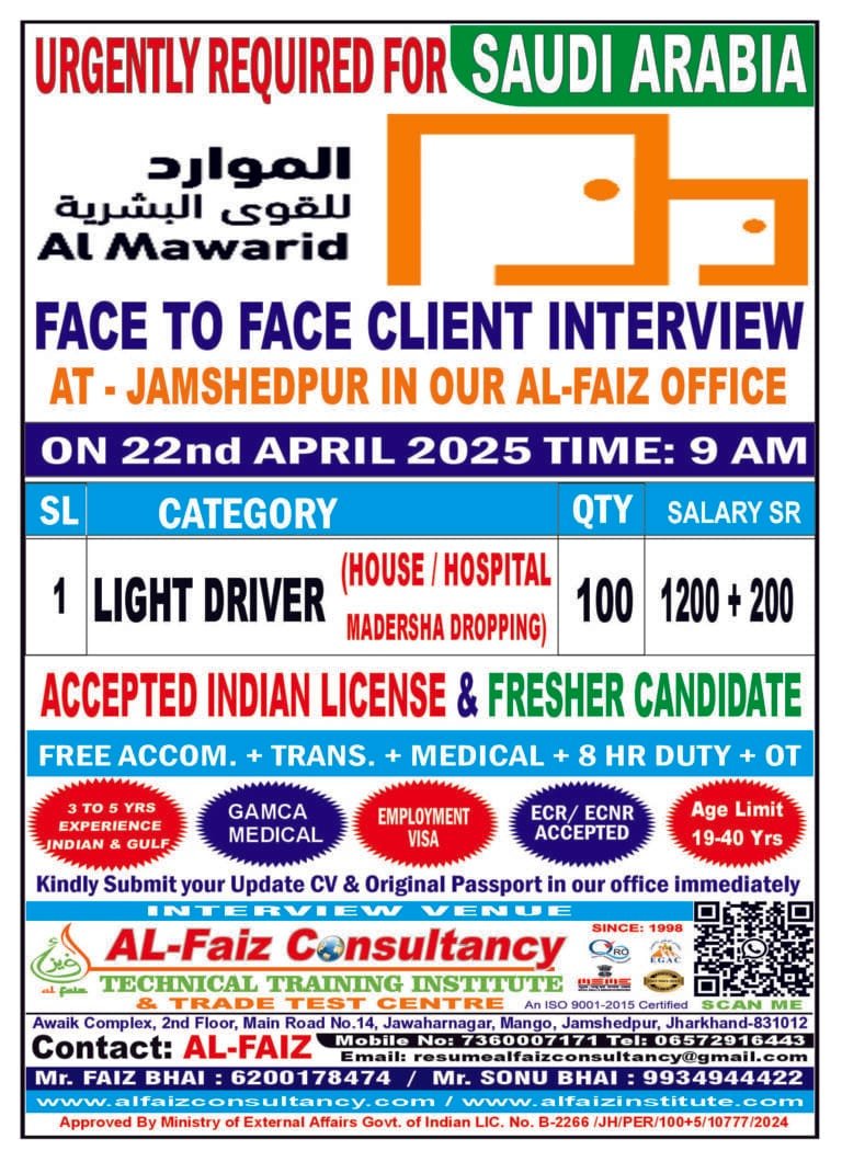 Urgent Requirement for SAUDI ARABIA AL-MAWARID COMPANY – Client Interview At Jamshedpur on 22th APRIL 2025