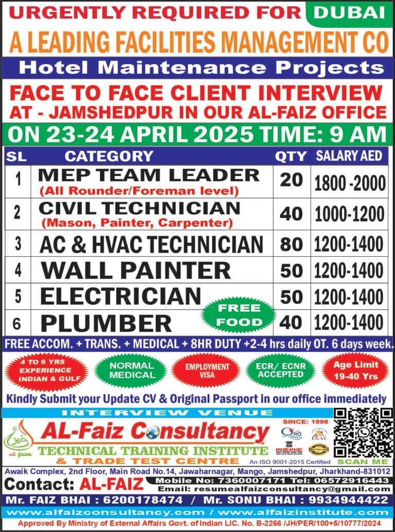 Urgent Requirement for DUBAI LATINEM COMPANY – Client Interview At Jamshedpur on 23th APRIL 2025
