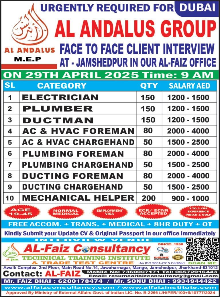 Urgent Requirement for DUBAI AL ANDALUS GROUP OF COMPANY – Client Interview At Jamshedpur on 29th APRIL 2025