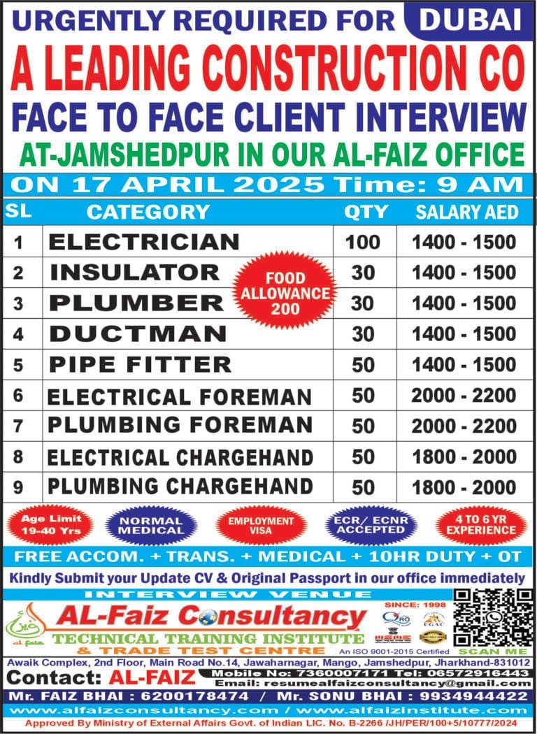 Urgent Requirement for DUBAI ALLIED COMPANY – Client Interview At Jamshedpur on 17th APRIL 2025