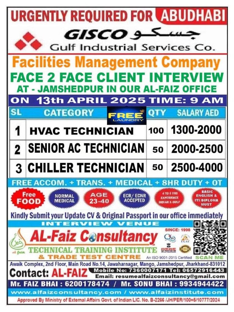 Urgent Requirement for ABUDHABI GISCO COMPANY – Client Interview At Jamshedpur on 13th APRIL 2025