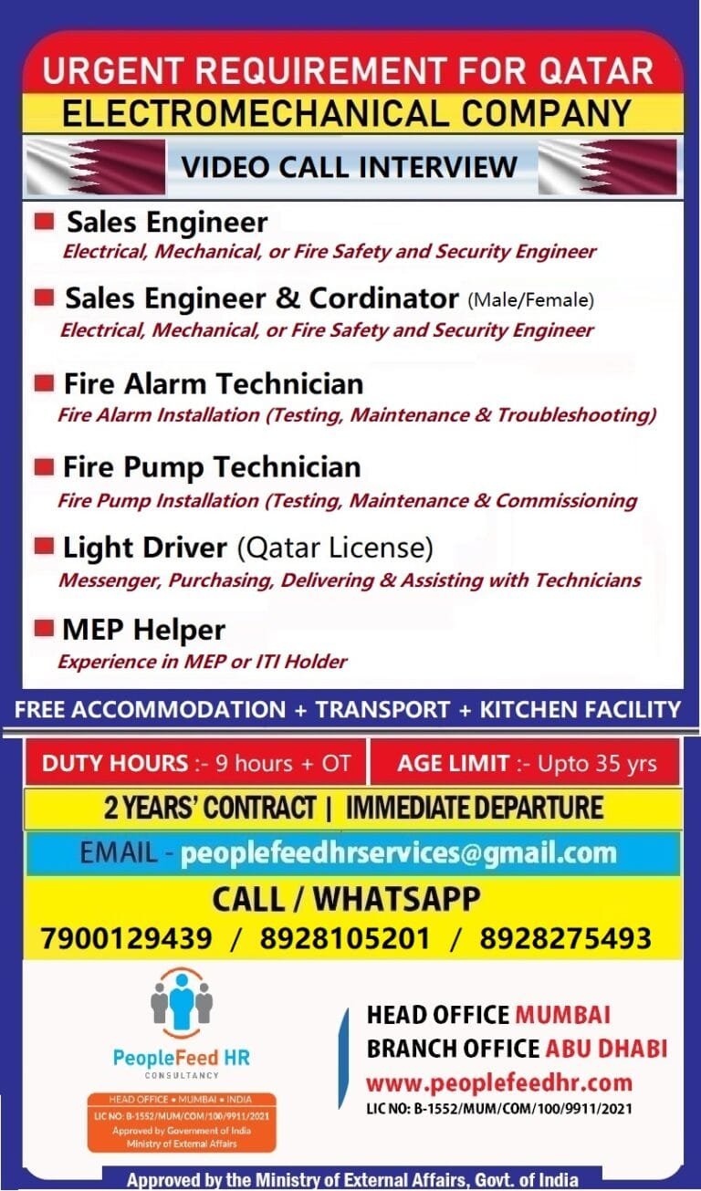 URGENT REQUIREMENT FOR QATAR ::-:: ELECTROMECHANICAL COMPANY ::-:: VIDEO CALL INTERVIEW